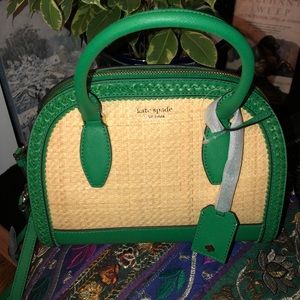 KATE SPADE GREEN LEATHER & STRAW BAG-9 1/2w,7t,4d